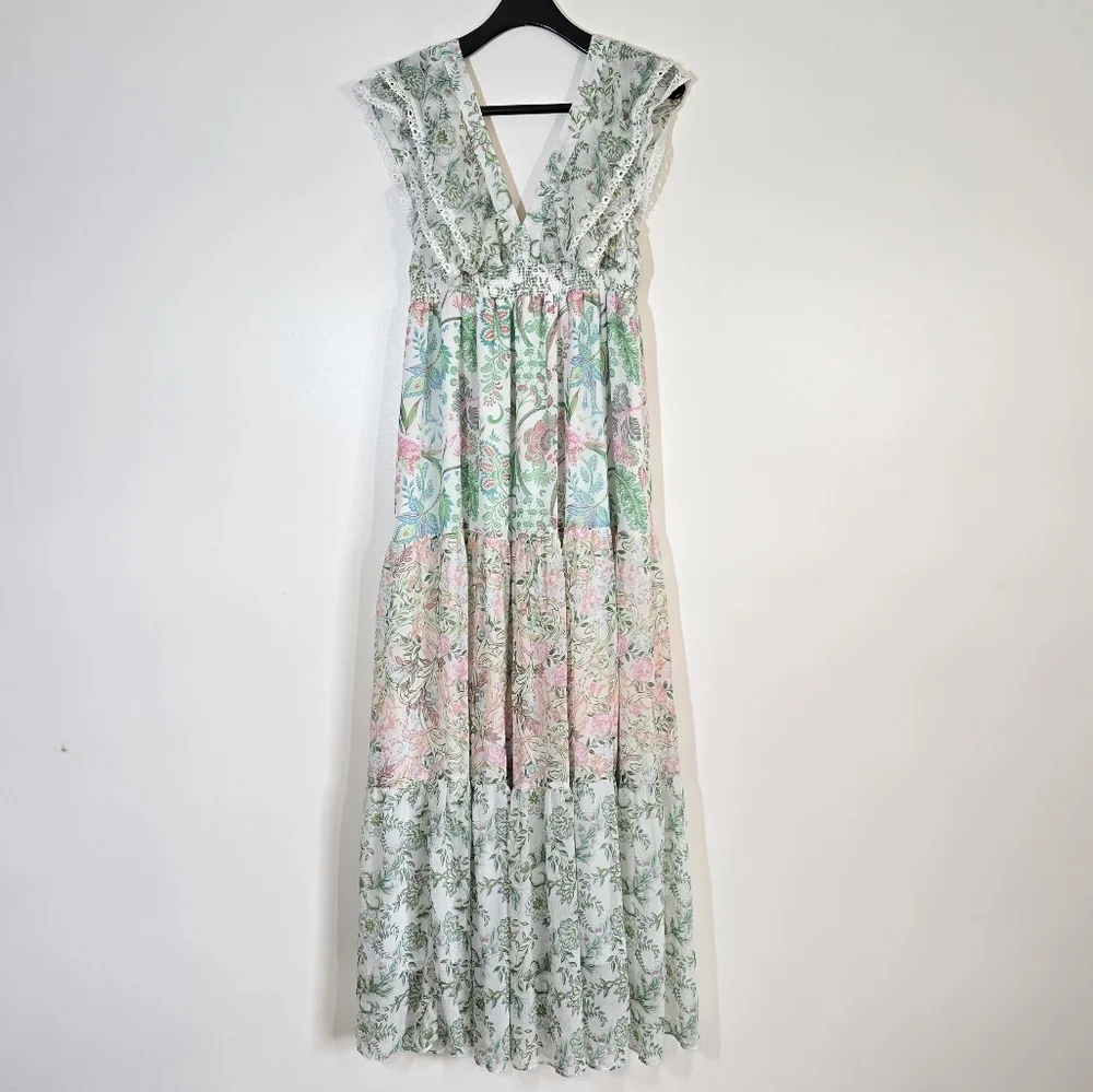 House Of Harlow 1960 Revolve Pastel Floral Tiered Maxi Dress Medium